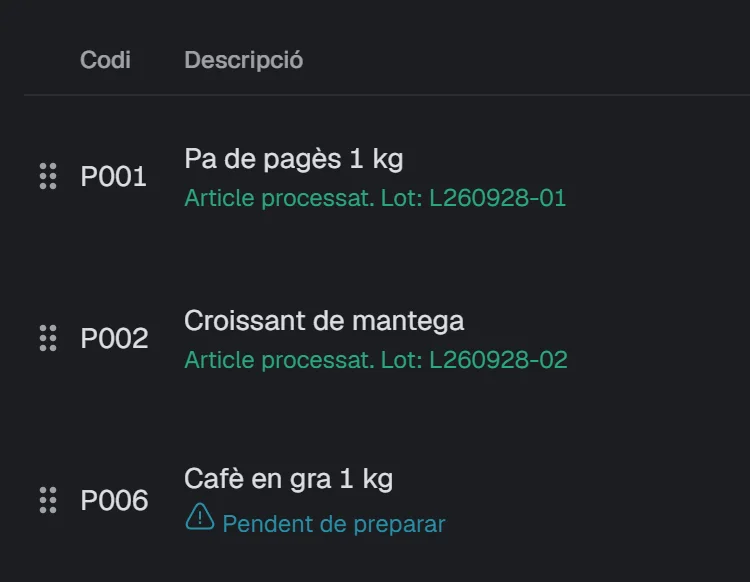 Taula de línies d’una comanda: dues línies ja preparades, amb el seu lot, i dues de pendents de preparar.